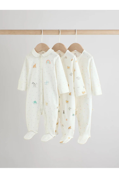 Next Baby %100 Organik Pamuklu Beyaz Renkli Gökkuşağı/Ayıcık Desenli 3 lü Uyk...