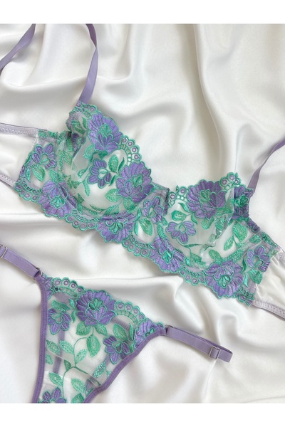 kiari Σετ εσωρούχων με πράσινο λιλά μοτίβο λουλουδιών χωρίς καπάκι με επένδυση από εσώρουχα με κορδόνια