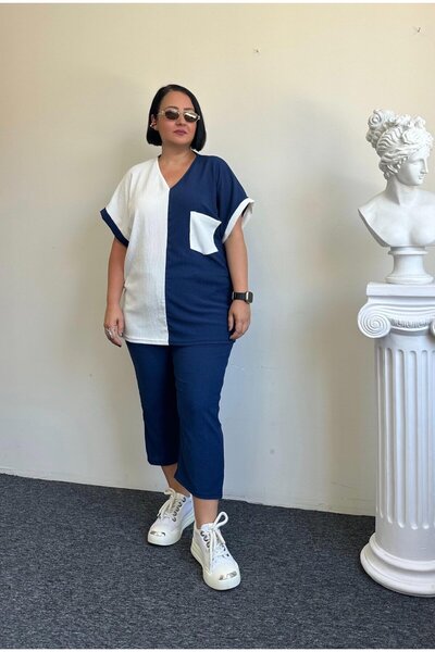 Vio Moda Büyük Beden Block Patterned Large Size Capri Suit