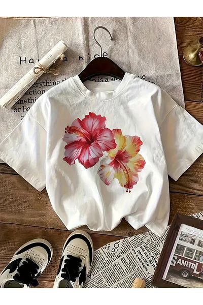 vikitekno Oversize Colorful Floral Printed Design Women's T-Shirt