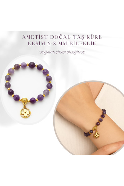 AYDESİA Ametist Küre Kesim Bileklik 6 8 mm Ayarlanabilir 15 cm Lastikli Misin...