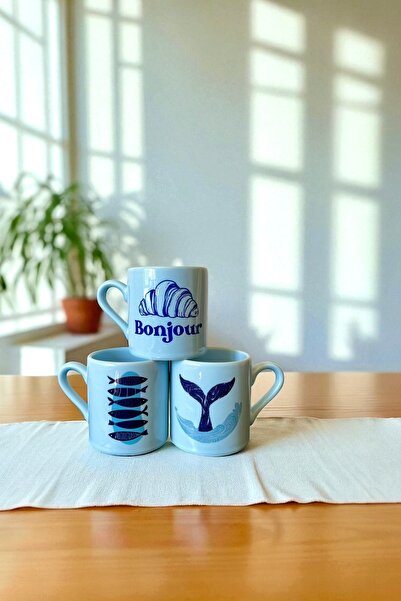 DVOYAGE Matin Bleu - Set of 3 French Seaside Inspired Turkish Coffee/Espresso Cups (with Wooden Base)