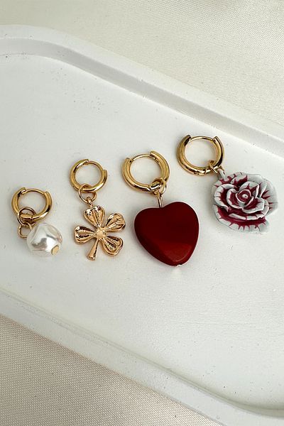 Modex Red Heart Rose Pearl Clover Detail Dangle Triple Earring Set