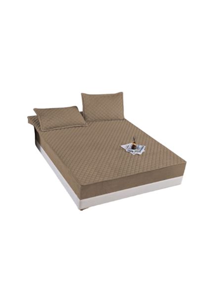 OEM Husa de pat si 2 fete de perna, Catifea, Topper Matlasat, 160x200cm, Cafea cu Lapte