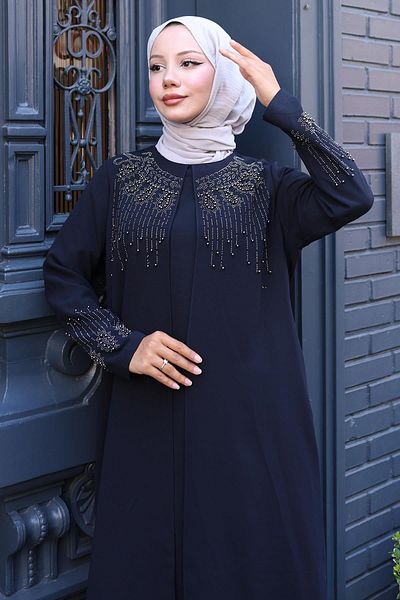 hafsamina Μεγάλο μέγεθος Mother's Dress με χάντρες και πέτρες Navy Blue HM2769