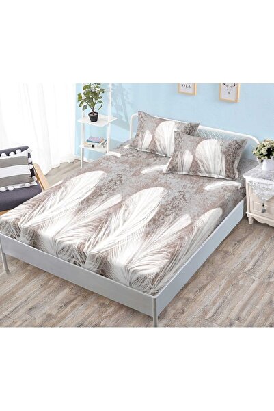 OEM Husa de Pat, cu Elastic, 3 Piese, Finet, 180x200cm, Imprimeu Pene, Gri-Alb