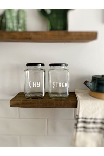 Atölye Merdiven Set of 2 Glass Food Jars with Tea and Sugar Written Kitchen Decoration 1000 Cc