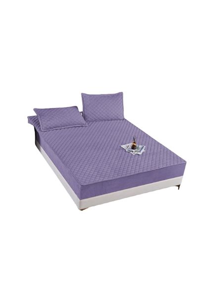OEM Husa de pat si 2 fete de perna, Catifea, Topper Matlasat, 180x200cm, Mov