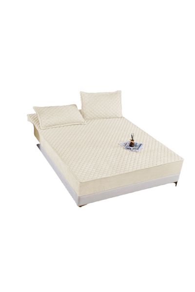 OEM Bed Cover and 2 Pillowcases, Velvet, Quilted Topper, 180x200cm, Light Ivory