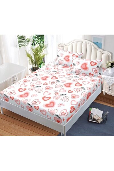 OEM Husa de pat cu elastic, 3 Piese, Bumbac Satinat, 180x200cm, Imprimeu Inimi, Multicolor