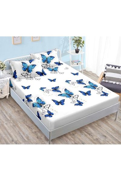 OEM Double Bed Sheet and Pillowcases, Finet, Blue Butterfly Print, 180x200cm, 3 pieces, 2 persons