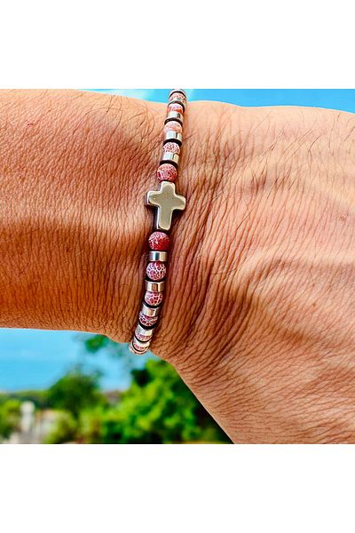Rachel Silver Agate Natural Stone Hematite Stone Adjustable Elevator Drawstring Cross Bracelet
