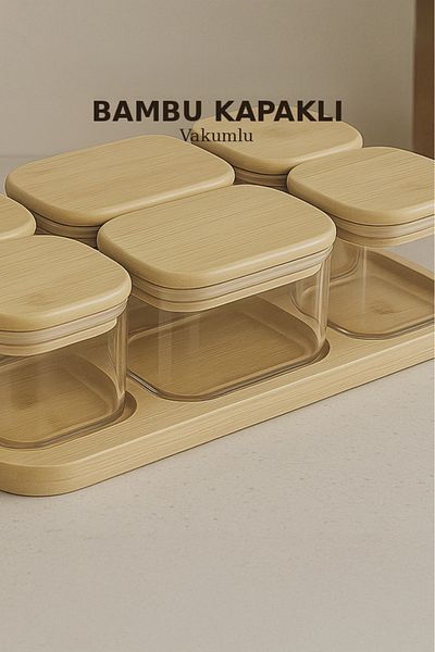 NESS HOME Natural Bamboo Vacuum Lid Borosilicate Glass Breakfast Set - 13 Piece Breakfast Set with Presentation Tray
