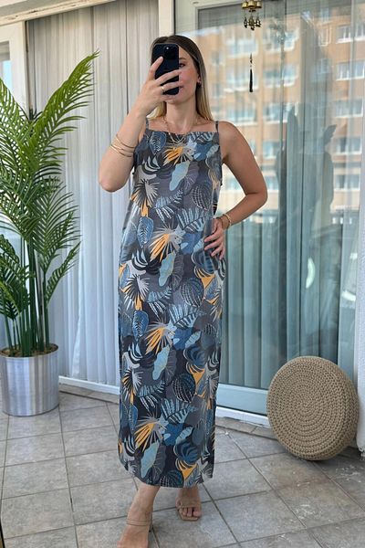 Kubos Moda Square Neck Patterned Indigo Dress with Adjustable Straps