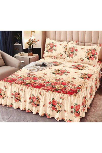 OEM Double Bed Sheet with Ruffles, Bouquet of Roses, 3 Pieces, Finet, 160x200cm, Multicolor