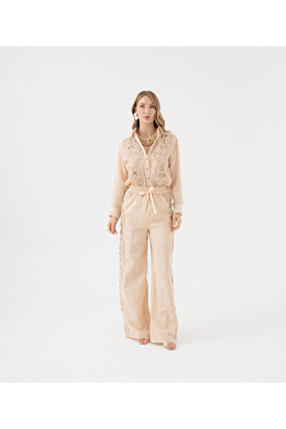 SERPİL %100 Keten Dantel Detaylı Gömlek ve Pantolon Takım