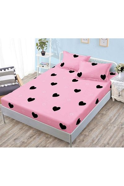 OEM Husa de Pat, cu Elastic, 3 Piese, Bumbac Satinat, 180x200cm, Imprimeu Inimioare, Roz-Negru