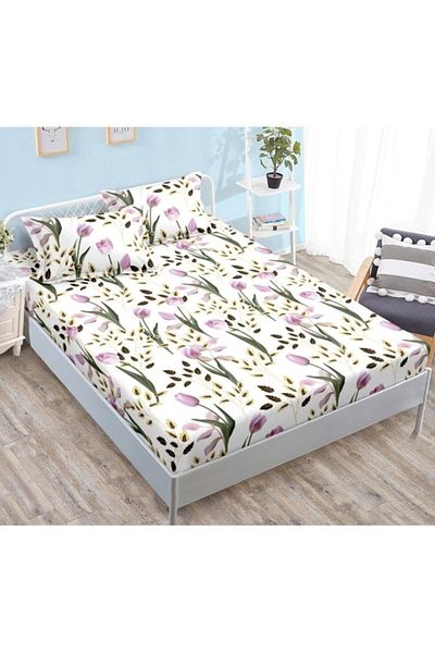 OEM Husa de pat dublu si fete de perne, Finet, Imprimeu Lalele Lila, 180x200cm, 3 piese, 2 persoane, Mul