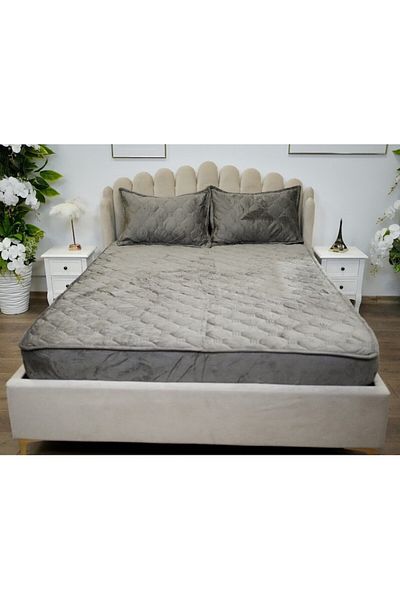 OEM Husa de pat si 2 fete de perna, Catifea, Topper Matlasat 160x200 cm, gri