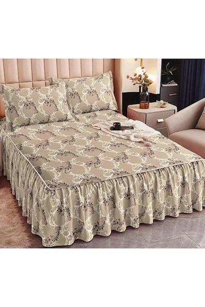 OEM Double Bed Sheet with Ruffles, Floral Print, 3 Pieces, Finet, 160x200cm, Beige Shades