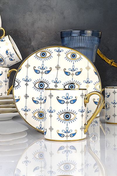 Jenisa Gold Gilded Evil Eye Patterned Porcelain Cup Set for 6 People – 12 Piece Stylish Presentation Set Evil Eye