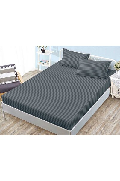 OEM Cearșaf cu elastic și 2 fețe de pernă, Sonia-Home, Damasc, Pat de o persoană, 140x200cm, Gri închis