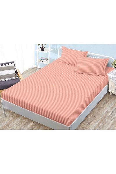 OEM Husa de pat si 2 fete de perna, cu elastic, Sonia-Home, Damasc, 2 persoane, Uni, 180x200cm, Corai