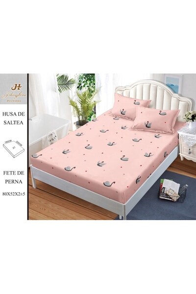 OEM Bed Sheet Set with Elastic, 3 Pieces, Satin Cotton, 180x200cm, Swan Print, Multicolor