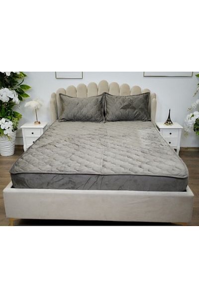 OEM Husa de pat si 2 fete de perna, Catifea, Topper Matlasat 160x200 cm, gri