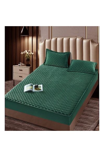JOJO HOME Husa de pat si 2 fete de perna, Jojo Home, Catifea, Model Romburi, Topper Matlasat, 160x200cm, Verde