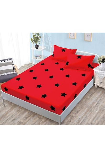 OEM Husa de Pat, cu Elastic, 3 Piese, Bumbac Satinat, 180x200cm, Imprimeu Stele, Rosu-Negru