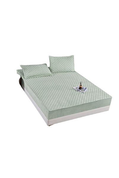 OEM Bed Cover and 2 Pillowcases, Velvet, Quilted Topper, 180x200cm, Olive Green