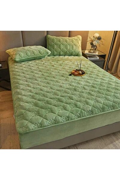 OEM Bed Cover and 2 Pillowcases, Velvet, Quilted Topper, 160x200cm, Duck Egg Green