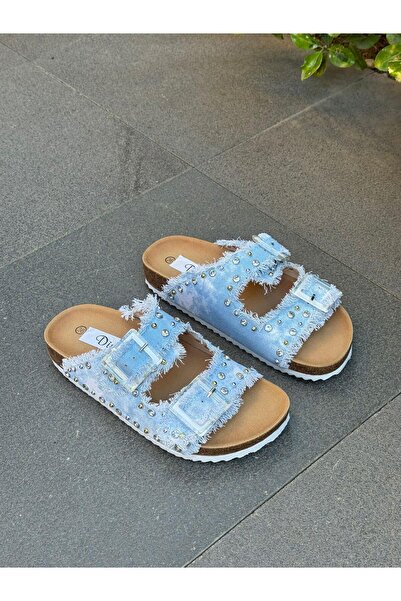 DİVA Mavi Kot Kumaş Taşlı Kadın Günlük Terlik