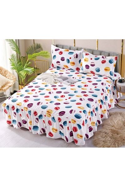 JOJO HOME Double bed sheet with frills, Jojo Home, Macarons print, 3 pieces, 2 persons, Finet, 250x270cm