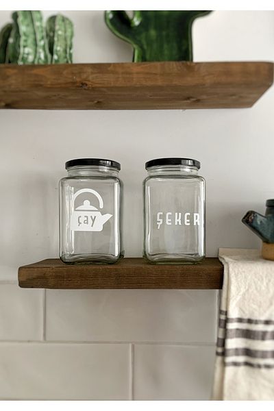 Atölye Merdiven 850 Cc Tea Sugar Label 2-Piece Glass Food Jar Set Kitchen Decoration
