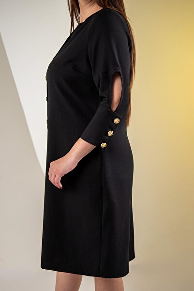 Roxxlen 3330450 Γυναικείο 3330450 Φόρεμα με λεπτομέρεια στο μανίκι σε μεγάλο μέγεθος Μαύρο