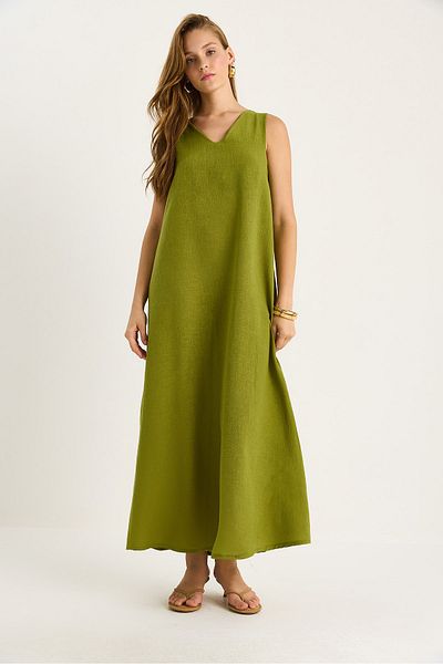 Bianco Lucci Women's V-Neck Thick Strap Long Linen Dress 442 60283172