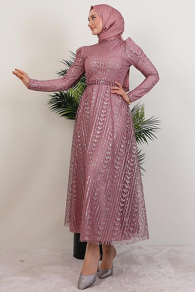 GİYZAMİLA Eva Glitter Hijab Dress Powder