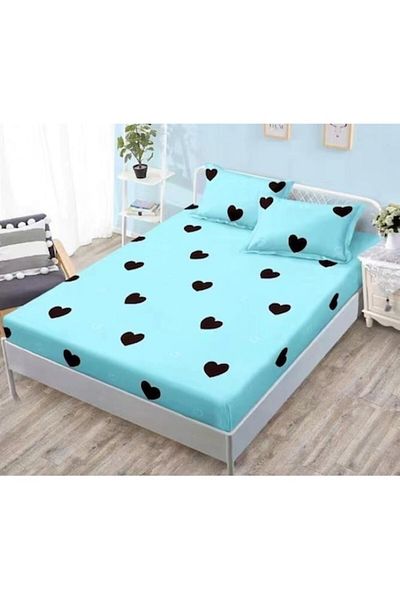 OEM Husa de pat si 2 fete de perna, cu elastic, Finet, 2 persoane, imprimeu Inimi, 180x200cm, Albastru-N