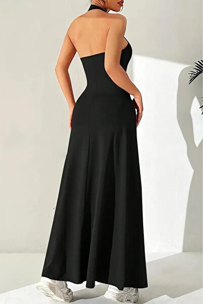 Deafox Black Women's Halter Back Low-Cut Scuba Crepe Fabric Long Dress