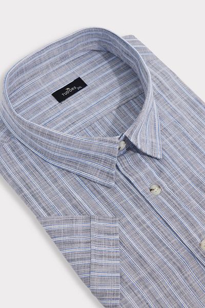 Tudors Men's Big Size Large Size 100% Cotton Lapel Buttoned Linen Texture Single Pocket Striped Short Sleeve Navy Blue