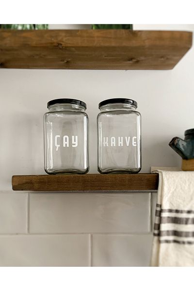 Atölye Merdiven Set of 2 Glass Food Jars with Tea and Coffee Written Kitchen Decoration 1000 Cc
