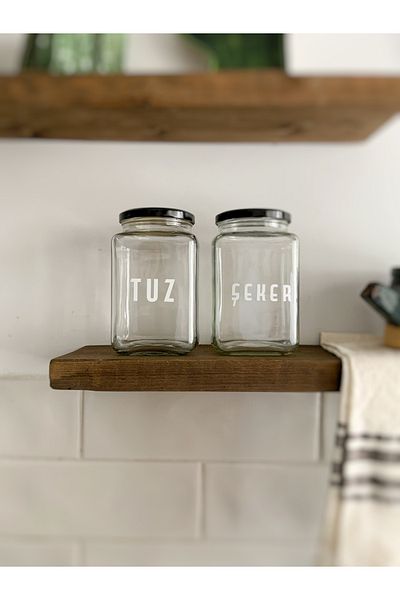 Atölye Merdiven Set of 2 Glass Food Jars with Salt and Sugar Written Kitchen Decoration 1000 Cc