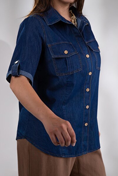 Roxxlen 1112057 Жіноча 1112057 Сорочка великого розміру з еполетами, темно-синя