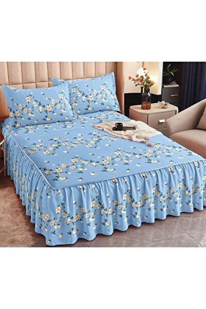 OEM Cearșaf de pat dublu cu volane, imprimeu floral, 3 piese, Finet, 160x200cm, albastru deschis-alb