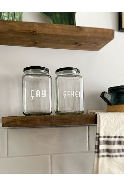 Atölye Merdiven Set of 2 Glass Food Jars with Tea and Sugar Written Kitchen Decoration 1000 Cc