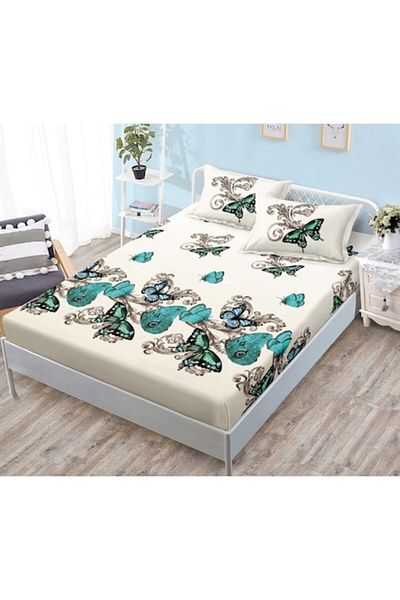 OEM Husa de Pat, cu Elastic, 3 Piese, Finet, 180x200cm, Imprimeu Fluturi Turcoaz, Multicolor