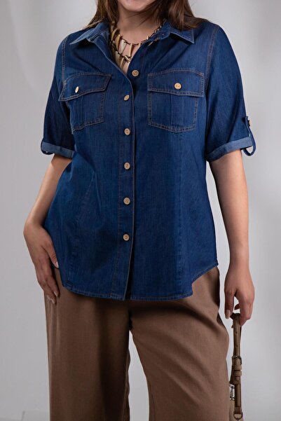 Roxxlen 1112057 Жіноча 1112057 Сорочка великого розміру з еполетами, темно-синя