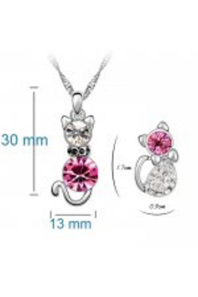 Kelan Silver Set for Women – Necklace, Pendant, and Earrings Cat Model with Pink Crystals